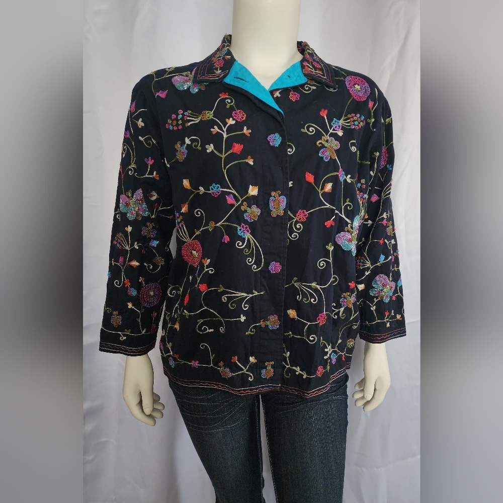 The Quacker Factory Beaded Embroidered Butterfly Floral Top Jacket Size 1x
